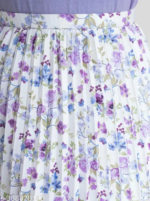 Stylish women's crepe A-line skirt with floral print, modern elegance, midi length