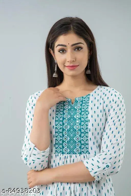 White rayon printed Anarkali Kurti with three-quarter sleeves, vibrant floral pattern from DivyanSHU Fashion, Indian ethnic wear