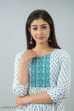 White rayon printed Anarkali Kurti with three-quarter sleeves, vibrant floral pattern from DivyanSHU Fashion, Indian ethnic wear