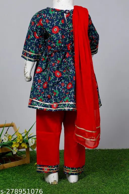 Pure cotton floral printed baby girl kurti pajama set by Spack Jerrow, blue anarkali style with dupatta and three-quarter sleeves