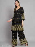 Floral print rayon A-Line kurta with palazzos, embroidered with adda, beads, and kantha work on calf-length straight design, suitable for casual/party wear for adult women