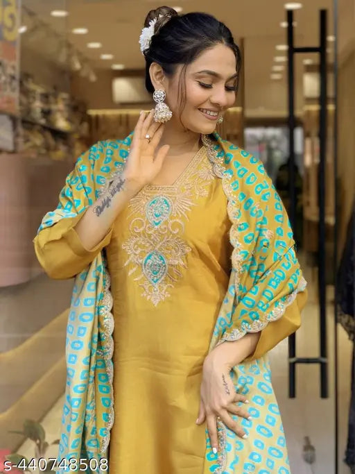 Viscose Chanderi Embroidered Kurti PantDupatta set, solid color and three-quarter sleeves Indian traditional attire