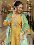 Viscose Chanderi Embroidered Kurti PantDupatta set, solid color and three-quarter sleeves Indian traditional attire