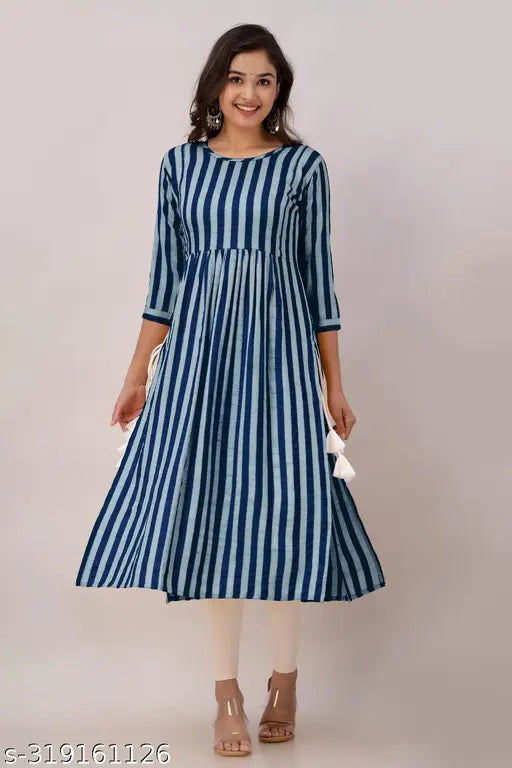 Rayon stripe print A-line kurta for women in three-quarter sleeves, perfect for everyday wear. Indian-origin design." (125 characters)