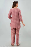 Pink cotton night suit with three-quarter sleeves and printed pattern, Indian-made Misskurti pyjamas set on hanger