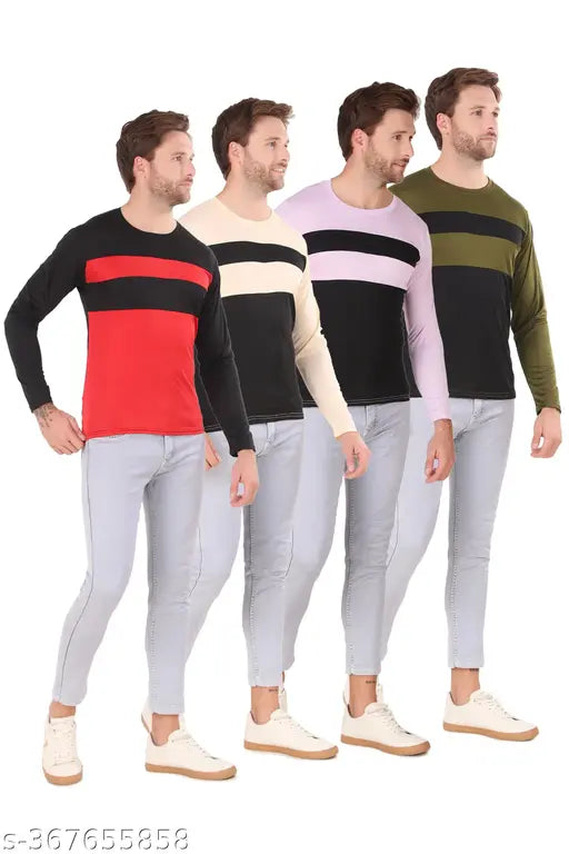 Stylish polyester colorblocked men's long sleeve T-shirts, premium fabric, 4 sizes: S (36in/25in), M (38in/26in), L (40in/27in), XL (42in/28in), XXL (44in/29in) - made in India