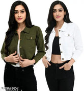 Green and white cotton blend women's jacket pack of 2, stylish solid pattern long sleeves for women's wardrobe