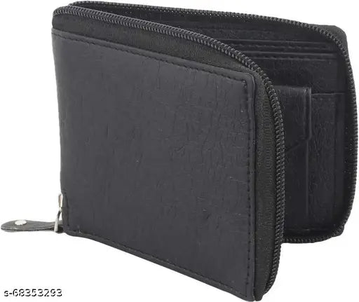 Black faux leather men's wallet with 2 compartments, 3 card slots, and 1 coin pocket - latest Indian model