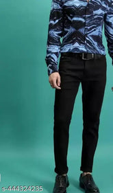 Stretchable cotton blend black jeans for men, trendy regular slim fit with mid-rise, modern wash pattern. Available sizes: 28, 30, 32. Made in India