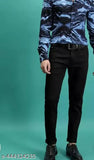 Stretchable cotton blend black jeans for men, trendy regular slim fit with mid-rise, modern wash pattern. Available sizes: 28, 30, 32. Made in India