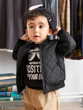 Black kids solid bomber jacket with long sleeves made from soft butter polyester and polycotton. Perfect for winter wear. Ideal for a casual to party style transition, this fashionable bomber jacket is designed for travel. Made in India