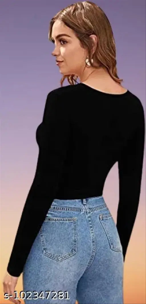 Dream Beauty Fashion women's black polyester v-neck long sleeve shirt, solid design, size N, 17 inches