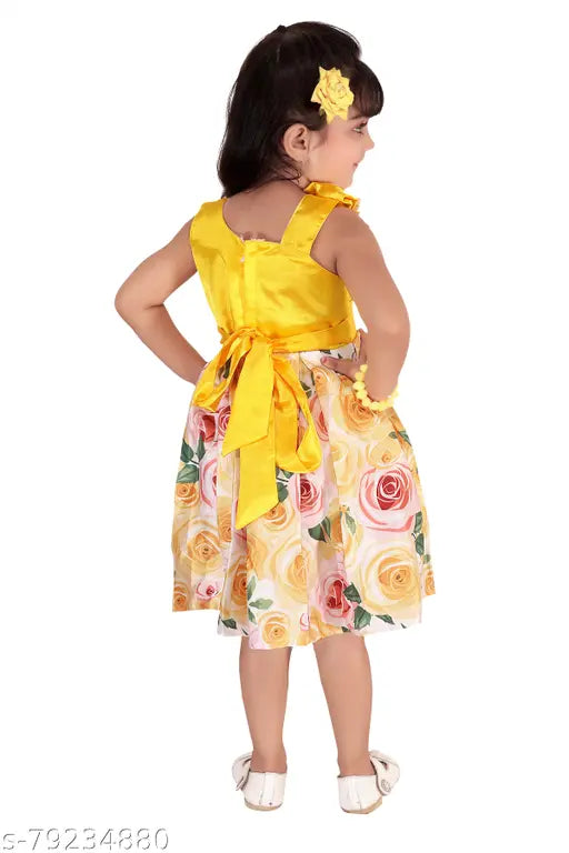 Satin strap bow yellow frock for girls, sleeveless, embellished net, Indian birthday party wear