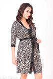 Leopard pattern sleeveless cami top, shorts, and robe set. Soft, smooth imported satin fabric nightwear for women