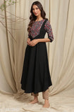 Women's black poly crepe kurta, three-quarter sleeves, printed combo - XS (bust 34in, length 49in), handcrafted Indian fashion