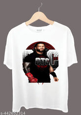 White polyester OTC Level Above Roman Reign t-shirt with printed net pattern, short sleeves. XS (Chest Size: 34in, Length Size: 25in)