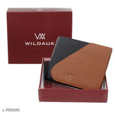 Faux leather men's wallet, black with 5 card slots. Textured design, strong stitching for durability. Perfect size for pockets, additional flap closure for security. Quality artificial leather, compact and lightweight. Great gift choice for men