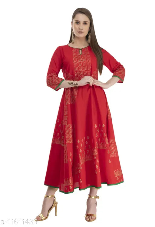 Women's printed cotton Anarkali kurti in M, XL, XXL. Three-quarter sleeves, vibrant Indian print design
