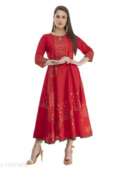 Women's printed cotton Anarkali kurti in M, XL, XXL. Three-quarter sleeves, vibrant Indian print design