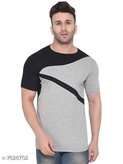 Grey melange cotton short sleeved men's colorblocked t-shirt from Tee town, India