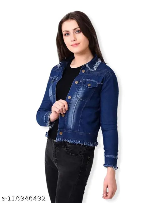 Blue denim jacket, three-quarter sleeves, solid design, high-quality Indian craftsmanship