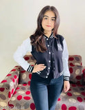 Navy Blue fleece jacket with printed net pattern, long sleeves, size N from India