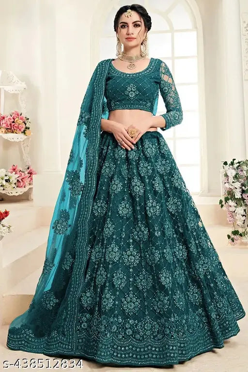 Traditional ethnic net lehenga-choli set with embroidered dupatta for bridal wear, India