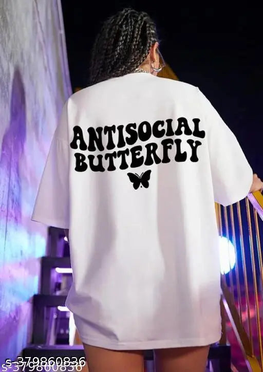 White oversized boyfriend tshirt with printed butterfly design, short sleeves, celebrates varsity sports culture. Cotton fabric, women's casual wear