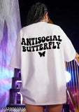 White oversized boyfriend tshirt with printed butterfly design, short sleeves, celebrates varsity sports culture. Cotton fabric, women's casual wear