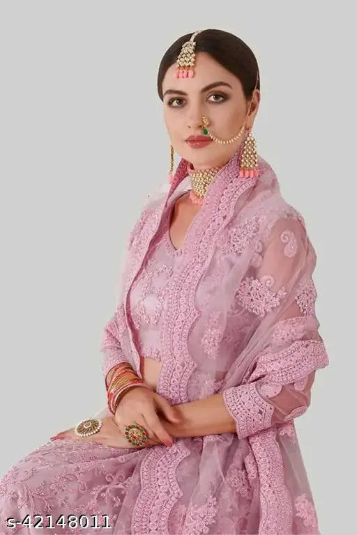 Indian embroidered net lehenga-choli set, semi-stitched (waist size 42in, length 46in)