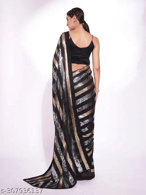Black Embroidered Handloom Georgette Party Wear Saree with Sequins, art silk blouse