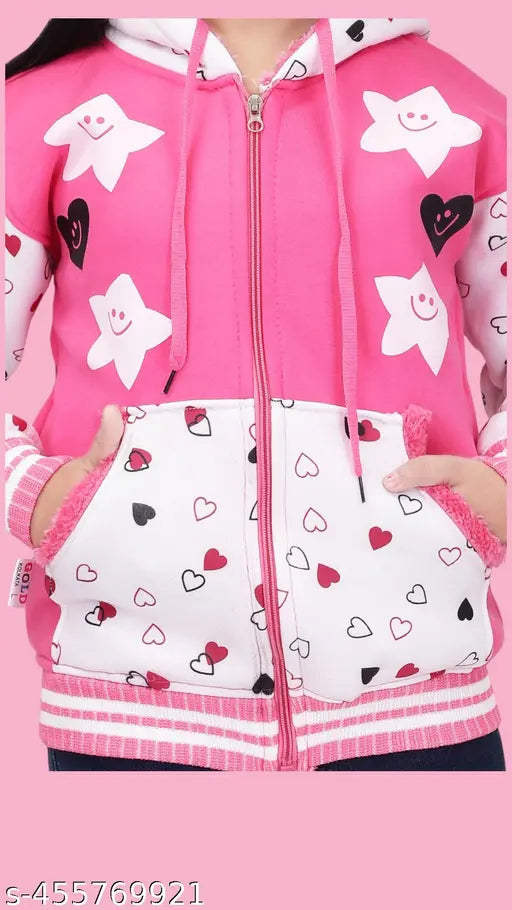 Pink & White Girls' Hoodie with Star and Heart Prints (3-16 Years), wool, long sleeves, printed pattern