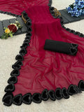 Cherry-colored heavy Bollywood Georgette saree with matching blouse, traditional Indian party wear on mannequin