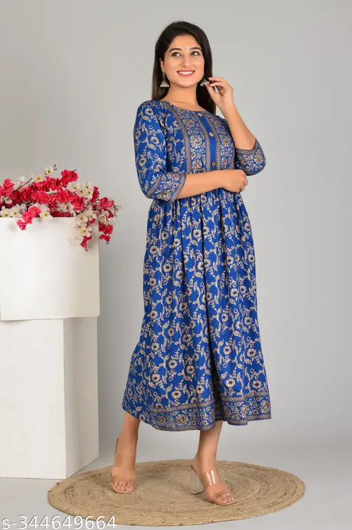 Rayon fabulous printed gown, three-quarter sleeves, vibrant pattern for women's parties, India origin