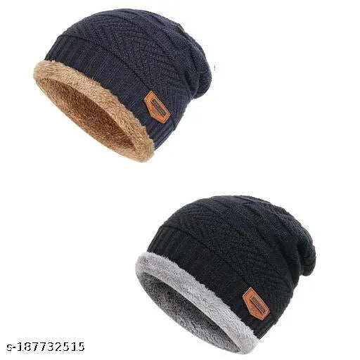 Imported snow-proof woolen beanie caps in free size, pack of 2 - warm winter essentials for men & women, self-design