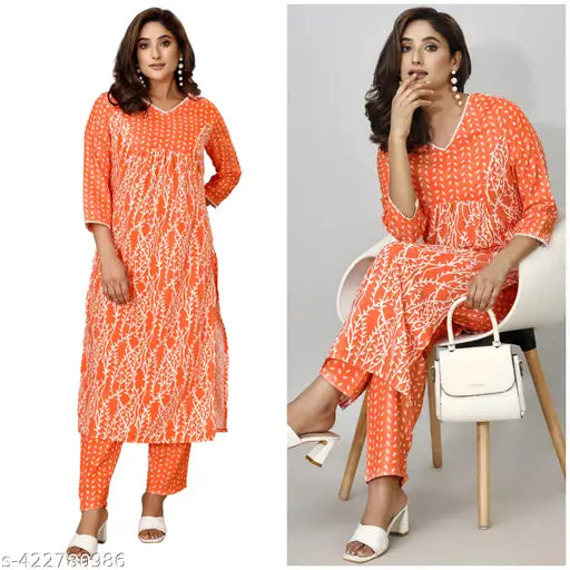 Orange white floral print rayon kurti pant set with palazzos, soft and breathable, casual to formal wear