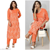 Orange white floral print rayon kurti pant set with palazzos, soft and breathable, casual to formal wear