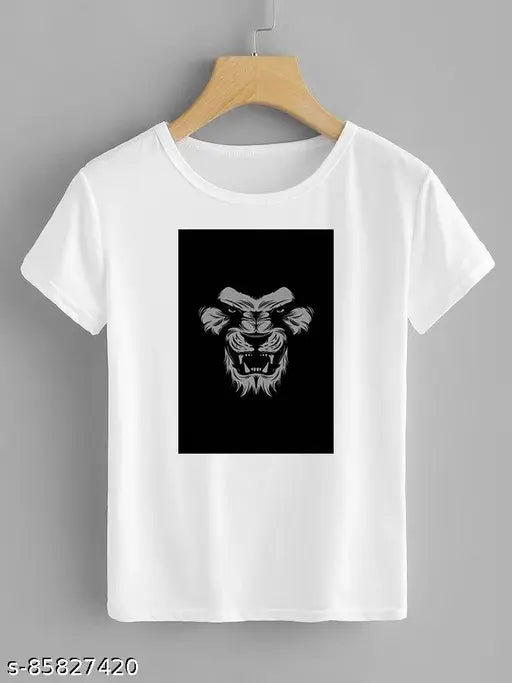 Trendy cotton blend half sleeve lion print t-shirt for men, white color, round neck, casual wear by Satrangi