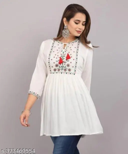 Rayon, white, three-quarter sleeve top. Solid design for women's fashion, S-XL sizes available