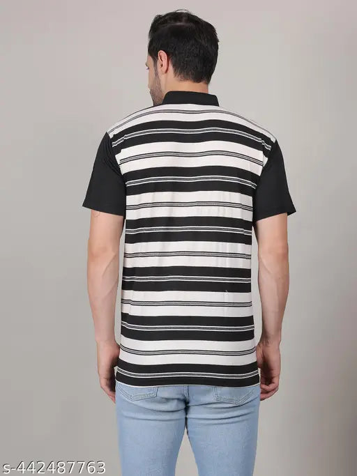 Men's cotton blend stripe half sleeve t-shirt with collar, black and white striped pattern, casual wear, quality product by Ahmed Creation