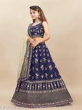 Semi-stitched blue silk Lehenga Choli & net dupatta with embroidery for girls aged 3-12 years, Indian wedding wear and party fashion