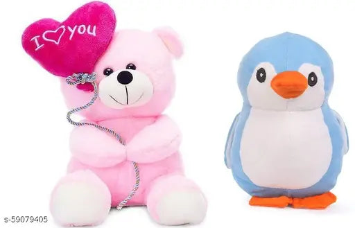 Pink Heart Teddy Bear & Penguin (Fiber Net) - Adorable gift for loved ones, Soft & cuddly India-made toy