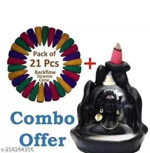 Handcrafted Adi Shankara resin statue of Lord Adiyogi, incense holder with 21 free backflow incense cones for fragrant smoke fountain