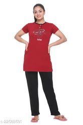 Plush women's cotton blend night suit set, printed summer wear with short sleeves and pyjama bottoms, Indian origin