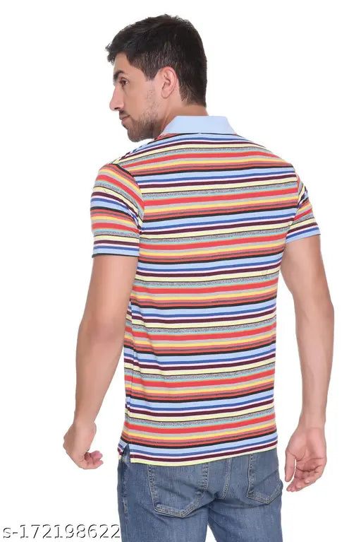 Multicolor striped cotton blend polo neck mens t-shirt, Indian summer wear, high quality fabric for comfort and style