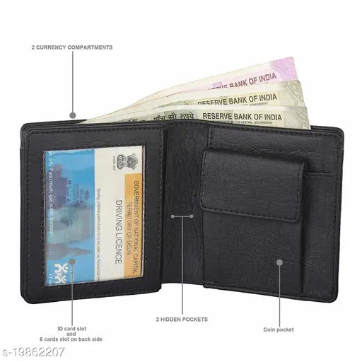 Solid faux leather tri-fold wallet, compact design for men with ID window, coin pocket, and multi-card slot. Top-selling trendy gents' purse, free size (8cm x 11cm), origin India