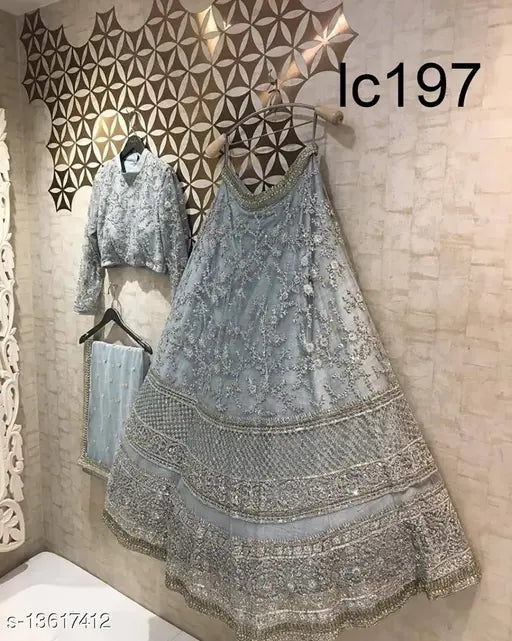 Embroidered satin lehenga set with choli and dupatta, semi-stitched and ready to wear