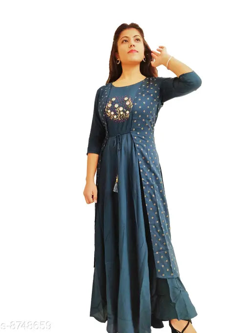 Rayon sequinned kurti, solid color women's gown with three-quarter sleeves, India origin