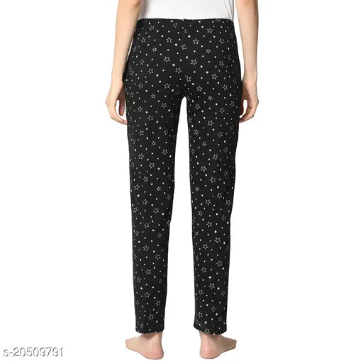 Women's printed straight-fit black cotton blend trousers with net pattern, size 32 (waist 30", length 38")