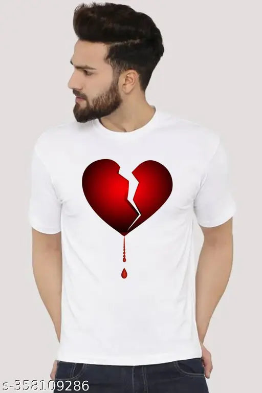 Broken heart printed white t-shirt, polyester sleeve short sleeves, latest fashion from India